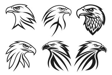 Six unique eagle silhouettes isolated on white background, Vector
