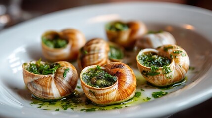 Gourmet escargot in garlic herb butter on elegant white plate.