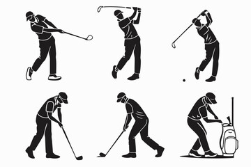 Illustrations of golfers in action isolated on white background, Vector