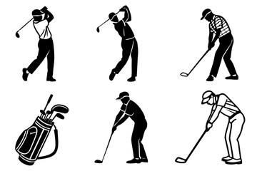 Silhouettes of golfers in action isolated on white background, Vector