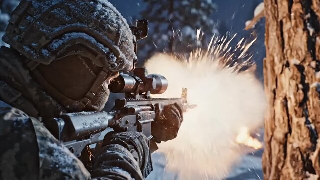 Special Forces Soldier Patrol in Cold Forest Night