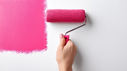 Hand using a paint roller to apply bright pink paint onto a white wall