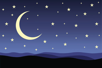 Fototapeta premium Night sky vector illustration with crescent moon and shining stars over hills