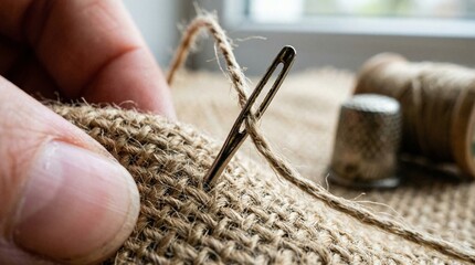 Hand sewing thread through needle on burlap fabric at home  