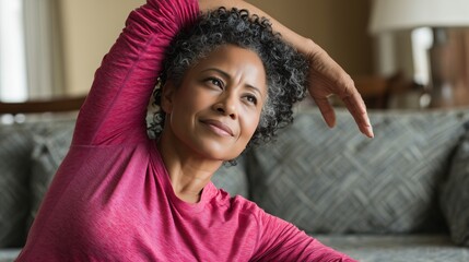 Senior black woman practicing yoga arm stretch for fitness and core strength