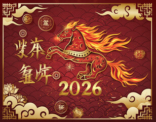 Vibrant illustration of a fiery horse symbolizing the year 2026 surrounded by traditional patterns and gold accents