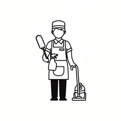 Flat icon style 2d single profession icon representing a cleaner with cleaning tools and vacuum cleaner