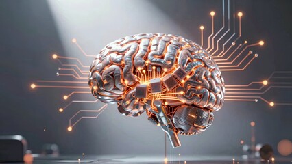 Cybernetic brain with glowing circuitry and microchips