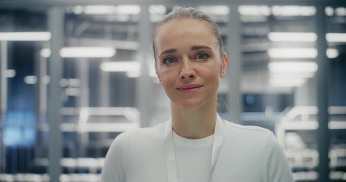 Close up of Confident Woman Working in Clean, Structured Environment of Secure Data Facility. Female Expression Friendly Yet Professional. Technical Competency and Reliable Infrastructure. Portrait.