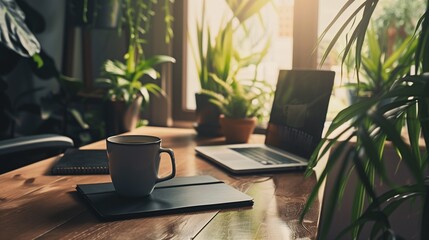Fototapeta premium Modern home office setup with laptop, notebook, and coffee cup on wooden desk, symbolizing hybrid work. Minimalist decor with copy space, ideal for remote work and productivity concepts.