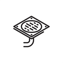 Industrial floor drainage gate icon featuring a square grate with circular perforations and an integrated drain pipe, symbolizing waste water management, facility hygiene, and plumbing infrastructure.