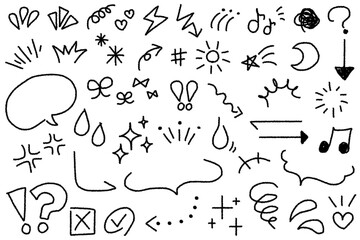 Obraz premium Sketch line arrow element, star, ribbon shape. Hand drawn doodle sketch style circle, cloud speech bubble element set. Arrow, sparkle, heart brush decoration. Vector illustration