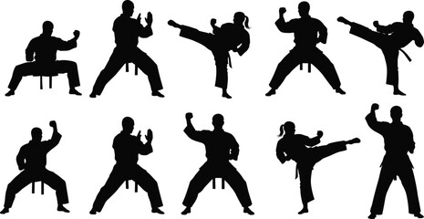 Set of martial arts silhouettes featuring karate and taekwondo fighters in various poses, high kick and defensive stances, combat sport vector