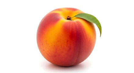 Single ripe peach with leaf isolated on white background
