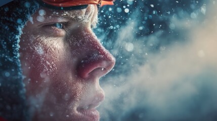 Obraz premium Close-up of young caucasian male skier in snowy conditions with frost on face.