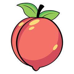 Cartoon Peach Fruit Illustration With Green Leaves, Bright Colors, And Bold Outline For Stock