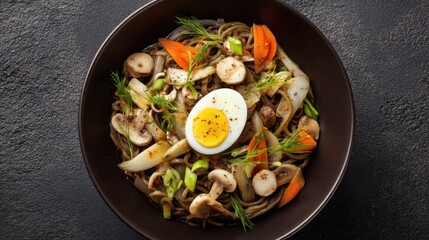 Soba noodles with vegetables and boiled egg in black bowl.