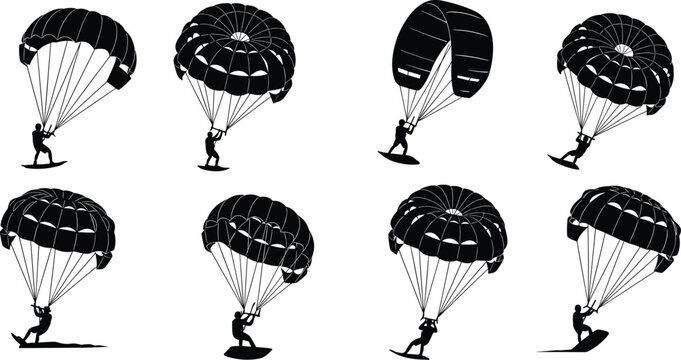 Set of parasailing silhouettes with people flying parachutes over water, extreme summer water sports icons, and vacation adventure vector illustration