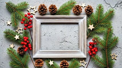 Christmas Frame With Pine Branches Berries and Pinecones on Concrete Background.jpg