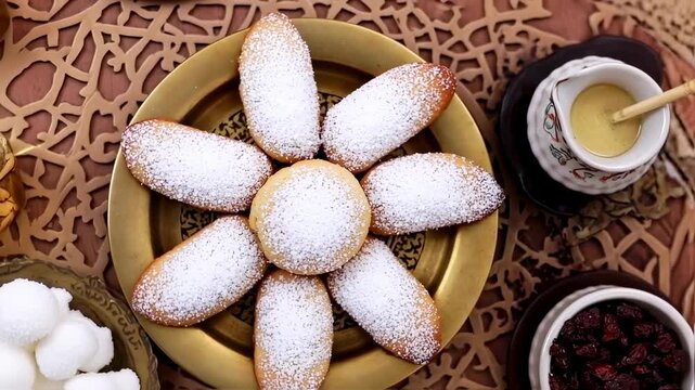 Overhead shot of powdered sugar-dusted cookies on a gold plate, with bowls of fruit, drink, and patterned table
