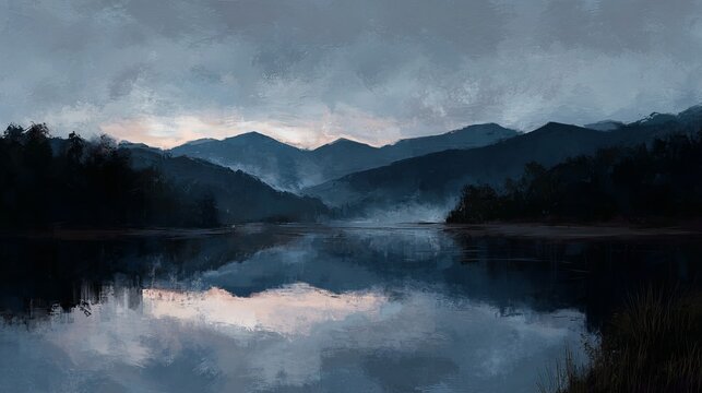 A serene lake surrounded by mountains and trees under a cloudy sky at dusk