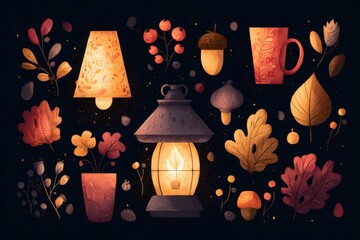 Collection of cozy autumn elements and objects on a dark background, including glowing lanterns, leaves, and berries