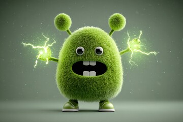Green furry monster character with big eyes and buck teeth, emitting glowing green electric energy from its hands