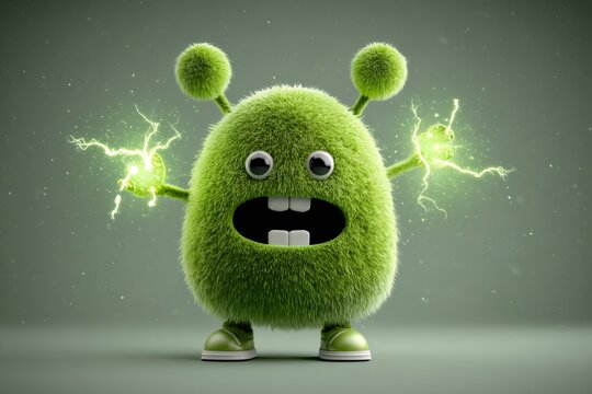 Green furry monster character with big eyes and buck teeth, emitting glowing green electric energy from its hands