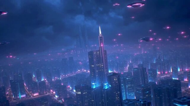 Futuristic Night City with Hologram Billboards