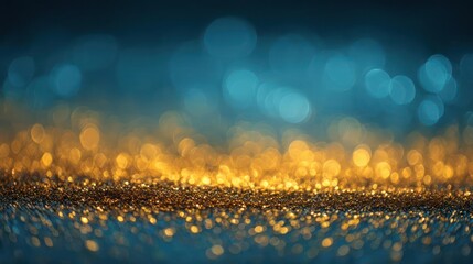 Abstract shimmering golden glitter particles with soft bokeh lights in a deep blue background creating a magical atmosphere