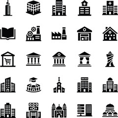 City Infrastructure and Public Building Glyph Icons Set for Map and Urban Navigation