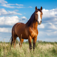 Beautiful Brown Horse Standing in Green Meadow Under Blue Sky