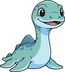 Cute cartoon illustration of a smiling light bluegreen plesiosaur with large eyes © charly