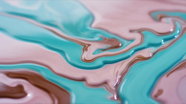 Abstract macro liquid flow background, turquoise brown pink fluid ribbons glossy ink motion, creative modern backdrop, organic color morphing, soft gradients, cinematic macro seamless looping 4K