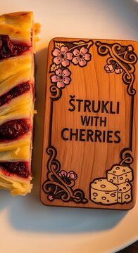 Traditional Croatian Cherry &Scaron;trukli Pastry Slice with Hand-Carved Cherry Wood Plaque and Floral Motifs in Festive Light