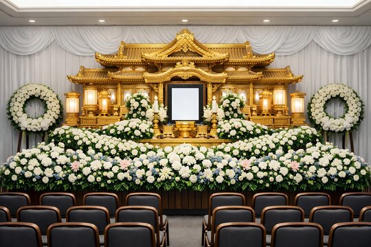 白い花に囲まれた豪華な金色の祭壇が整えられた日本の葬儀会場で行われる厳粛な告別式の風景