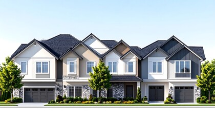Modern architectural rendering showcasing a row of townhouses with varying facades, landscaped trees, and a clear blue sky background