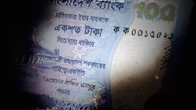 Bangladeshi Taka (BDT) Banknote Burning With 3D Camera Shaking Movement