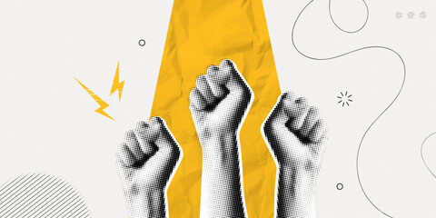 Trendy Halftone Collage Raised Fist up. Demonstration of protest. Fight for your rights. Girl power. Success and strength. Feminism concept. Magazine style. Contemporary vector illustration art
