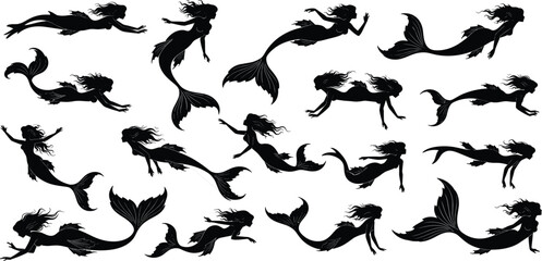 Mermaid silhouette, fantasy pose, black vector, sea creature, flowing hair, aquatic motion, mythical design, ocean theme, illustration, graphicMermaid silhouette, fantasy pose, black vector © Hello World