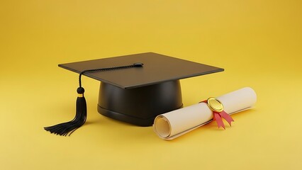 Graduation Cap and Diploma on Yellow Background