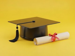 Graduation Cap and Diploma on Bright Yellow Background
