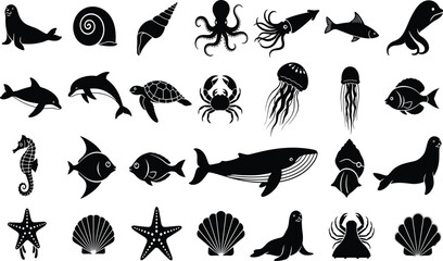 Sea creature silhouette, marine life, black vector, ocean animal, underwater icon, aquatic species, graphic illustration, nature theme, biology, designSea creature silhouette, marine life © HMAshikur
