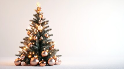 A warm copper and green Christmas tree with shiny baubles and a subtle glow, white background .