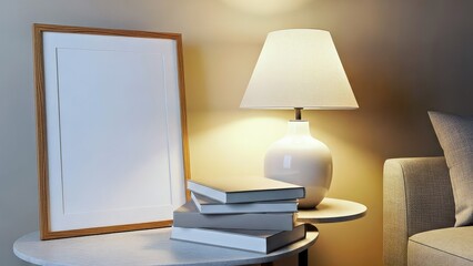Cozy Living Room Scene With Blank Picture Frame and Table Lamp Books.jpg