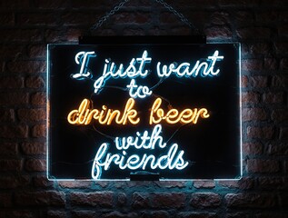Neon sign i just want to drink beer with friends on brick background
