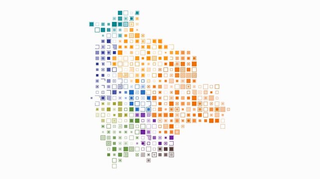 Bolivia map animation. Shape of the country with pulsating colored dots. Large size square blocks. Digital style Bolivia map on white background. Awesome video.