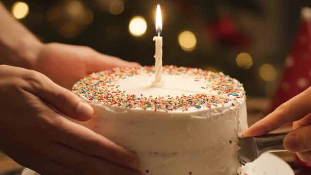 Hands cutting a festive birthday cake with a lit candle and sprinkles