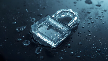 A surreal conceptual metaphor image of a wet, icy padlock surrounded by water droplets on a dark surface, evoking visual paradoxes of security and fragility.