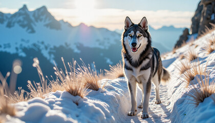 Siberian husky standing on a snow-covered path with mountains in the background during daytime, ideal for outdoor adventure themes